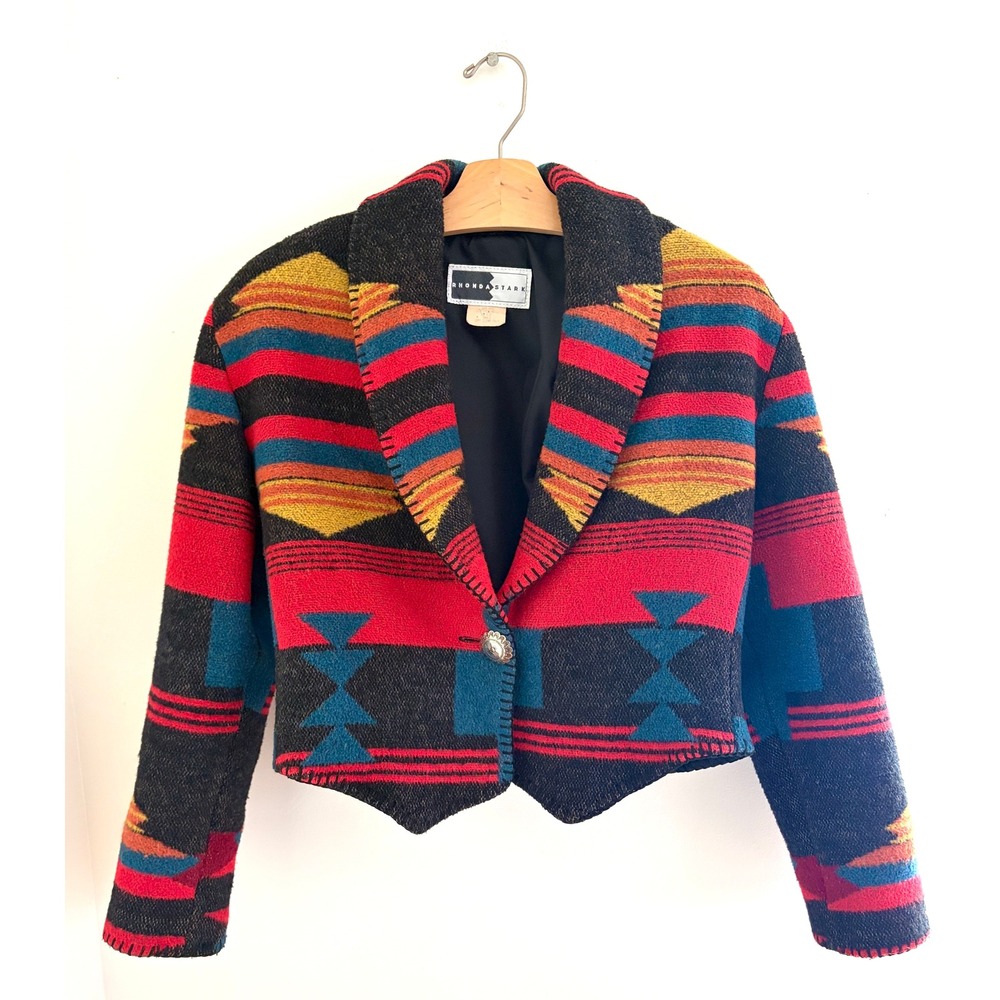 Vintage 90s Southwestern Cropped Wool Jacket Aztec Blanket Small Rhonda Stark